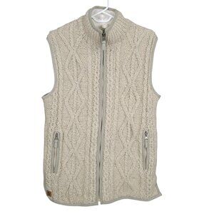 PACHAMAMA Women's Vest S Beige Wool Handknit Cable Knit Full Zip Fleece Lining
